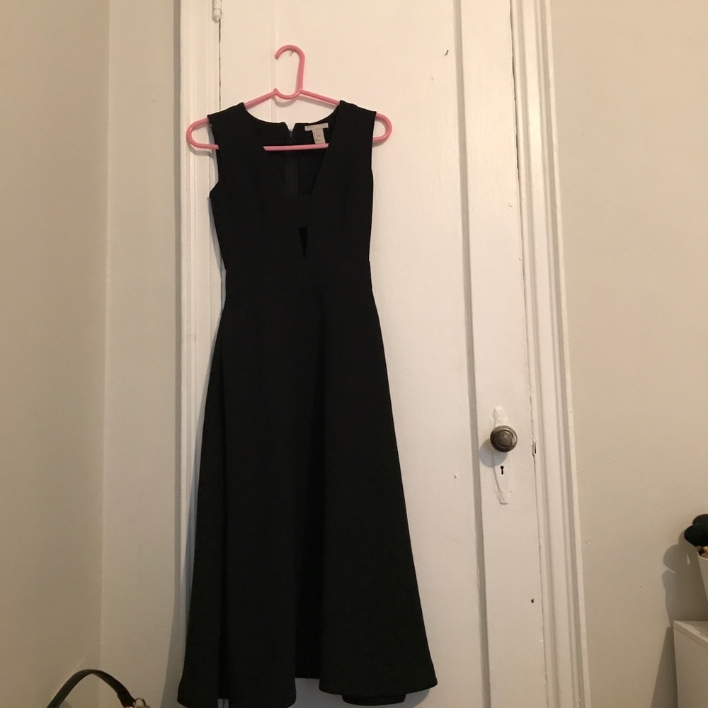 Plunge neck midi black dress